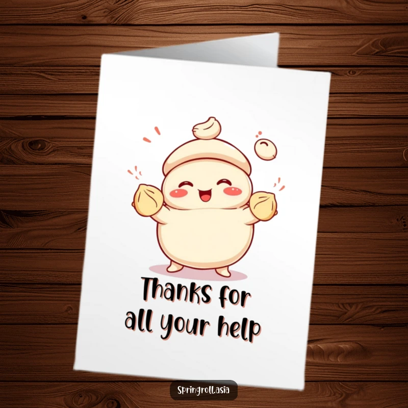 Funny Free Printable Thank You Card: A happy bao bun juggling three colorful dumplings with evident glee, conveying thanks humorously.