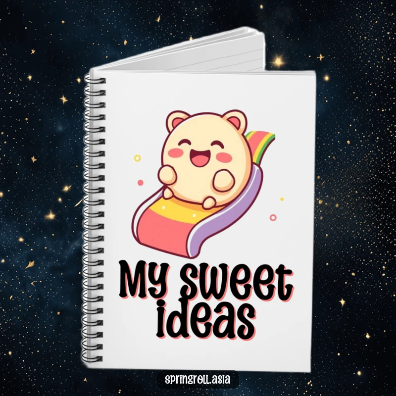 Funny notebook featuring a giggling dim sum dumpling rolling down a rainbow, ideal for jotting down happy thoughts.