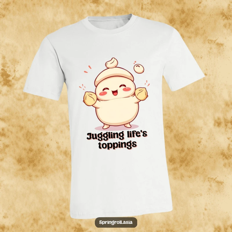 Funny t-shirt featuring a smiling bao bun juggling three colorful dumplings with infectious glee and playful energy.