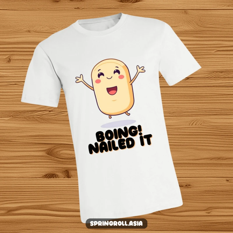 Funny t-shirt: a smiling spring roll with tiny legs captured in a dynamic, celebratory jump, radiating excitement and happiness.