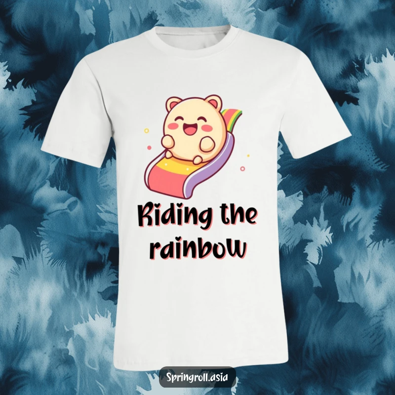 Funny t-shirt with a giggling dim sum dumpling gleefully rolling down a colorful rainbow slide, full of joy.