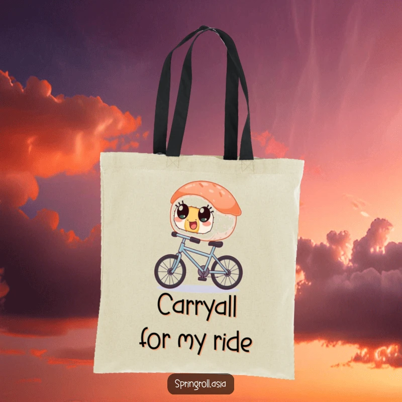Funny tote bag depicting a piece of sushi with wide, happy eyes balancing on a tiny bicycle, perfect for carrying items with a smile.