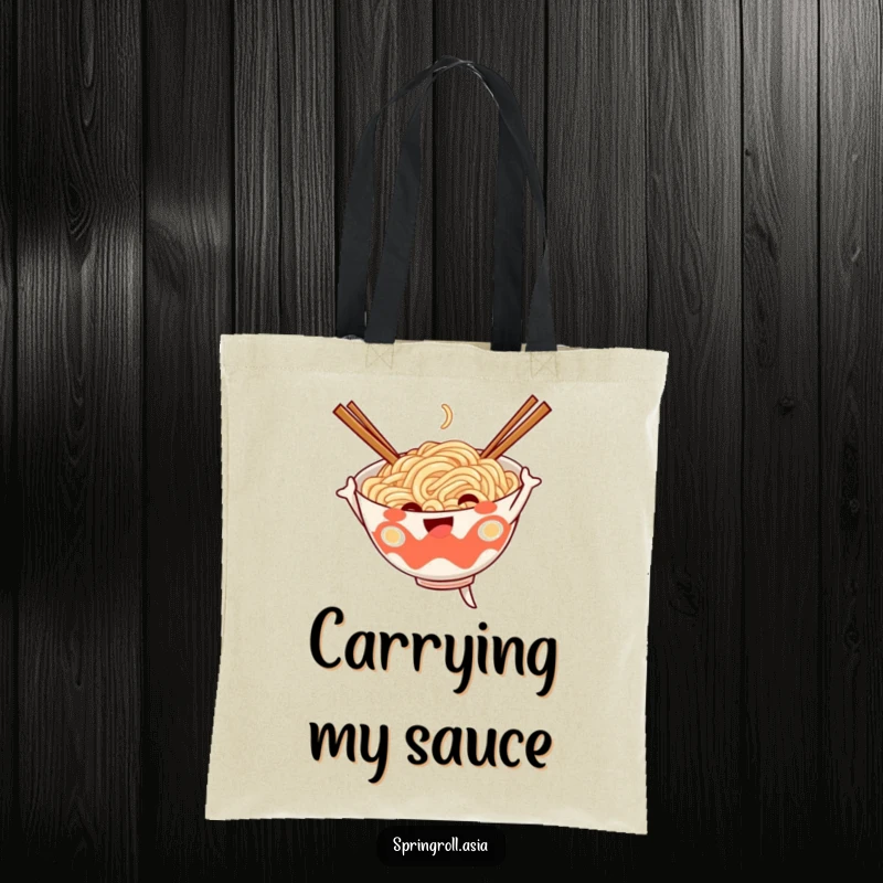 Funny tote bag with a cheerful noodle bowl enthusiastically dancing using chopsticks as arms, perfect for carrying groceries.