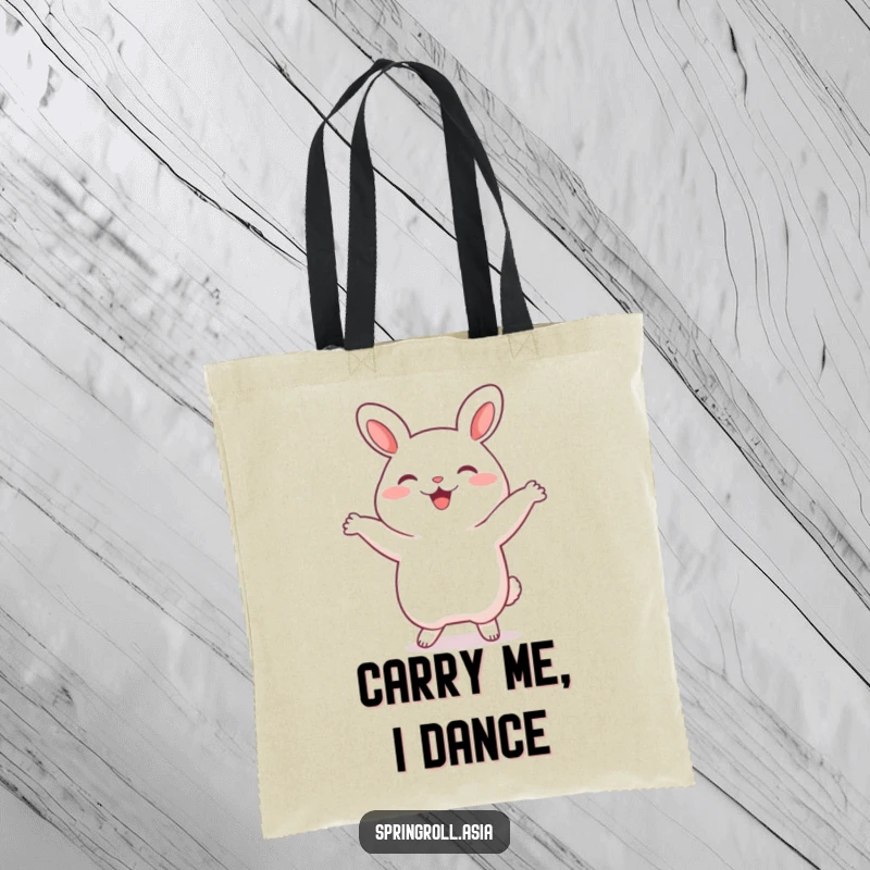 Funny bao bun tote bag showcasing a happy steamed bun doing a silly dance, adding a touch of playful charm to your travels.