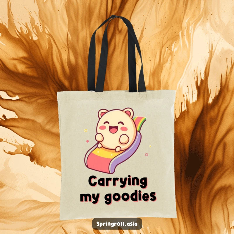 Funny tote bag with a giggling dim sum dumpling rolling down a rainbow slide, great for everyday use.