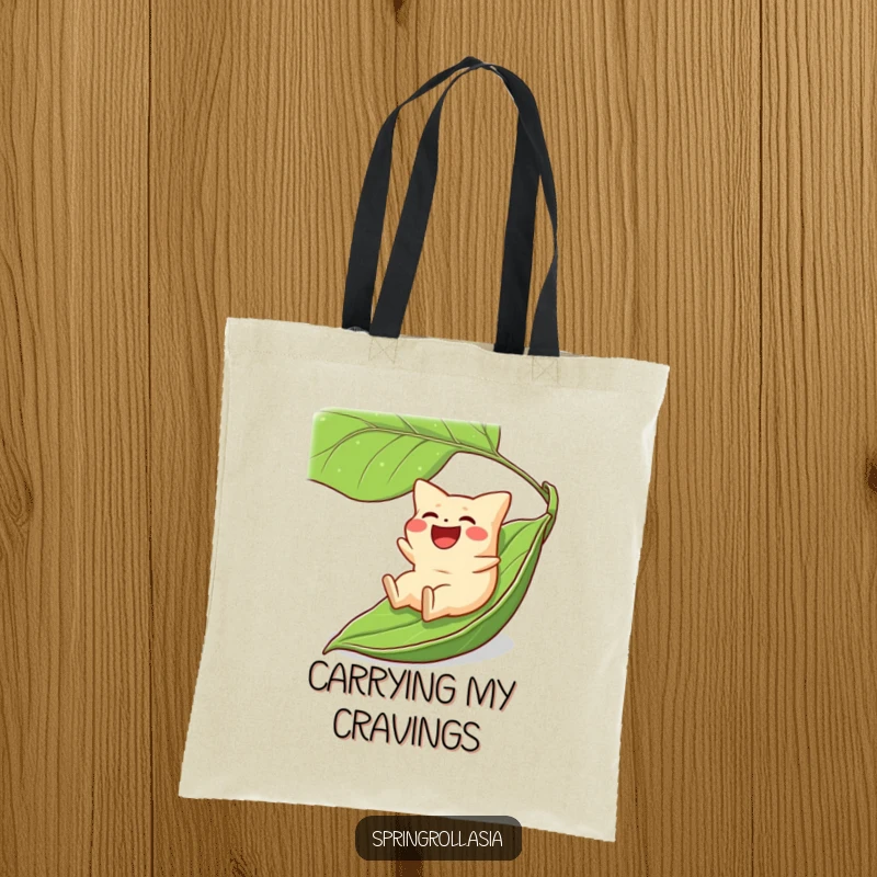 Funny tote bag showing a laughing gyoza sliding down a large green leaf, great for carrying groceries with humor.