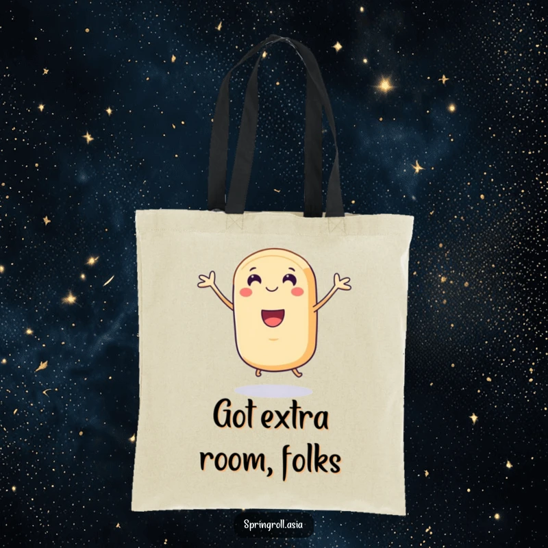 Funny tote bag: a smiling spring roll with tiny legs joyfully doing a celebratory jump, ideal for carrying essentials with enthusiasm.