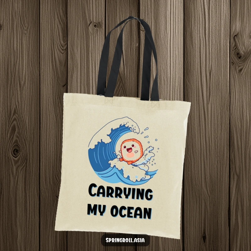 Funny tote bag depicting a happy sushi roll surfing a giant wave, perfect for carrying items with a touch of adventure.