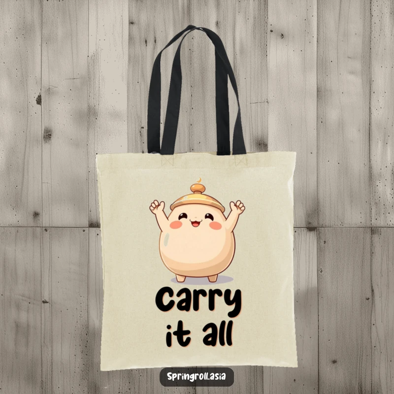 Funny wok tote bag depicting a smiling cooking pan with small, enthusiastic arms waving, perfect for carrying kitchen essentials with personality.